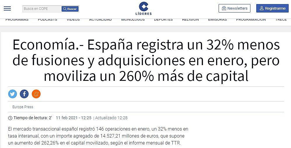 Espaa registra un 32% menos de fusiones y adquisiciones en enero, pero moviliza un 260% ms de capital